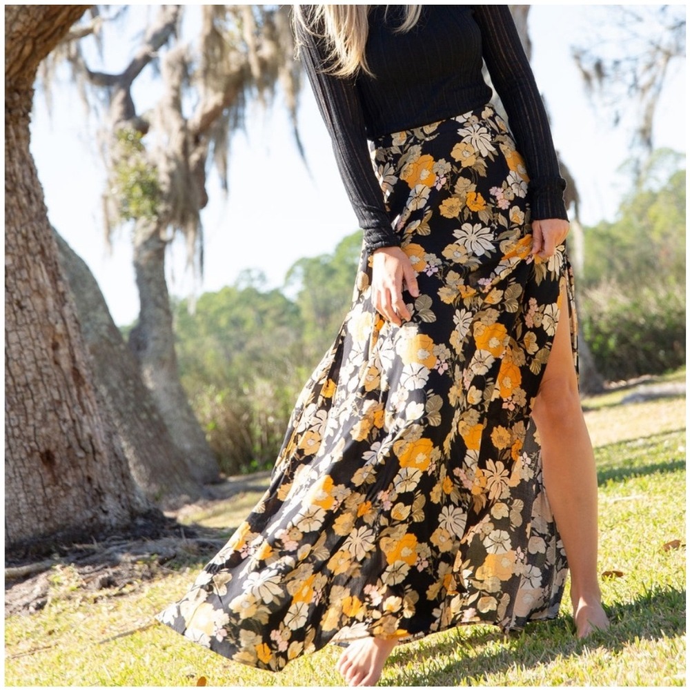 Natural Life Floral Maxi Skirt Womens Small Black Yellow Boho Side Slits